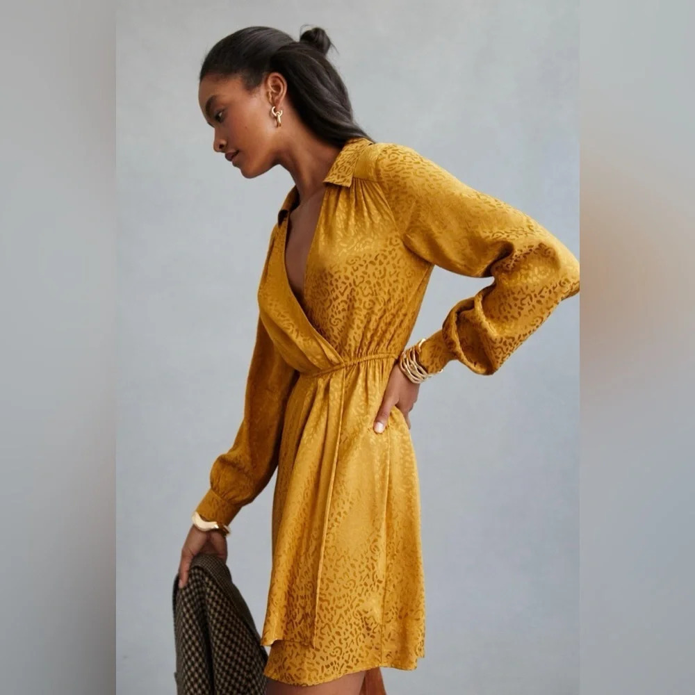 Anthro Leopard Print Mini Dress Bronze Gold Long Sleeve XS NWT